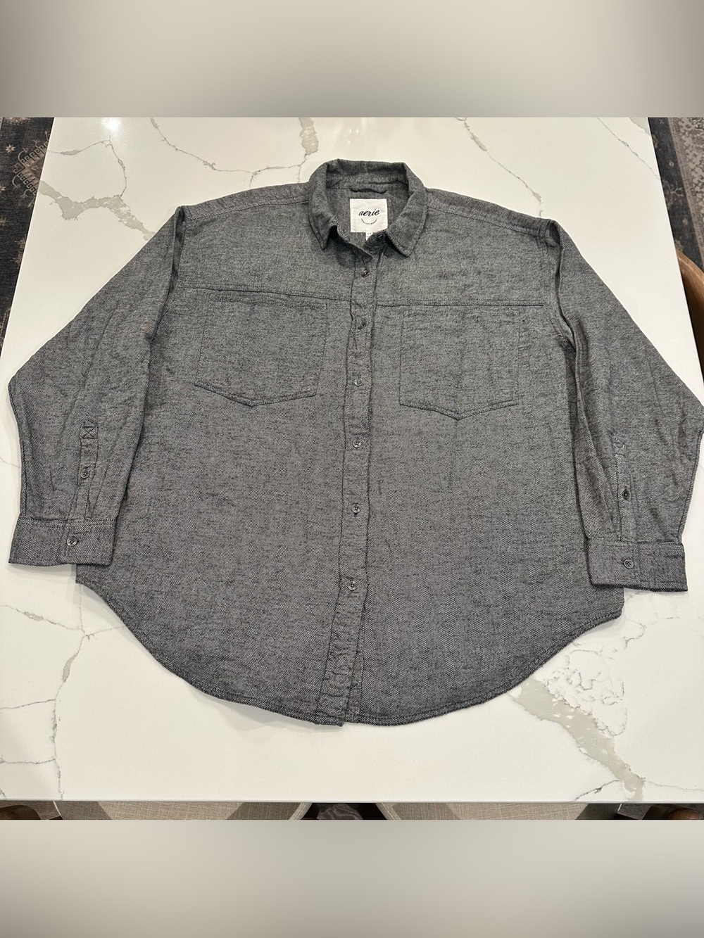 Aerie Anytime Fave Twill Flannel Shirt Gray Women’s L Oversized Button Up Soft
